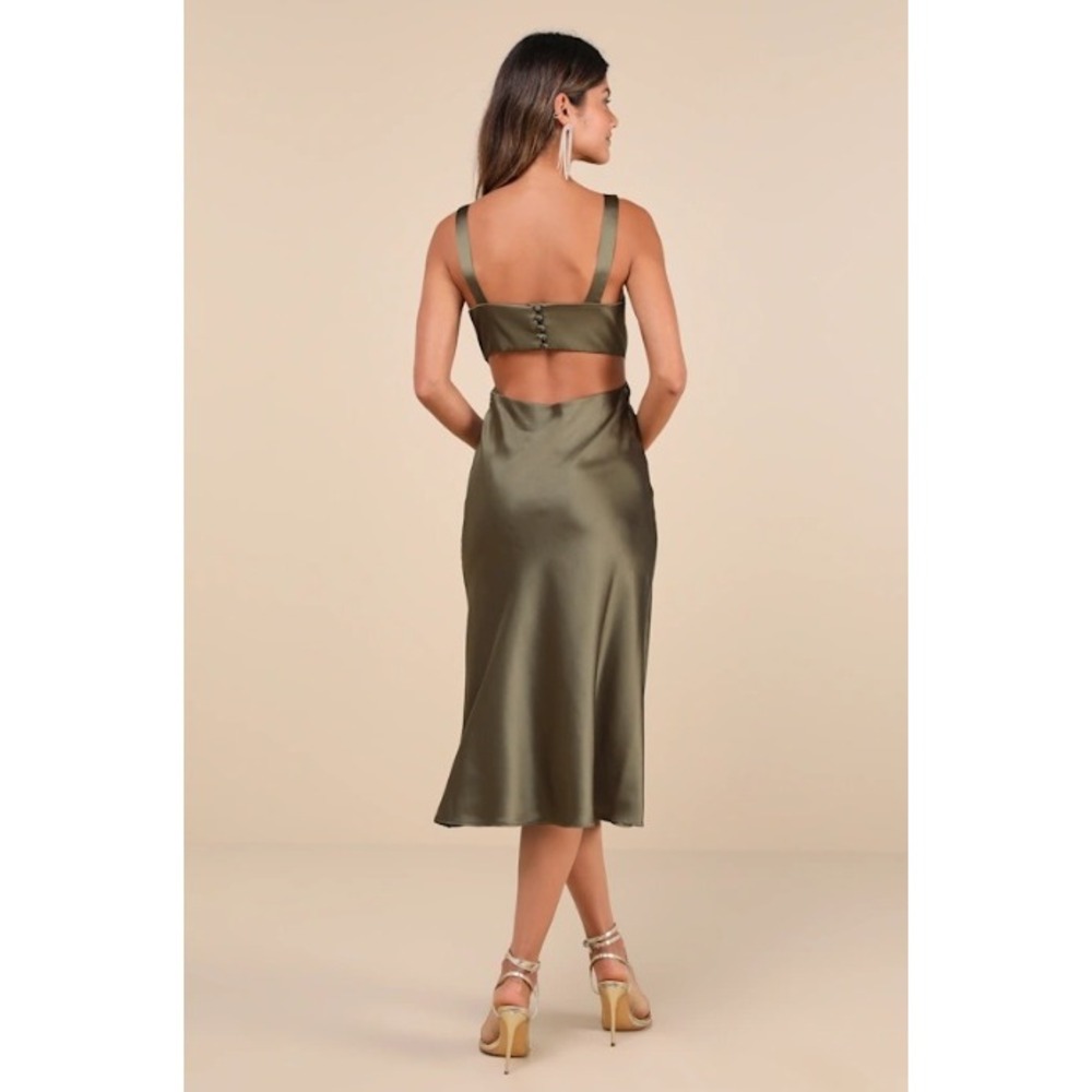 Lulus Olive Green Satin Cutout V-Neck Midi Dress NWT Size Small - Picture 2 of 7